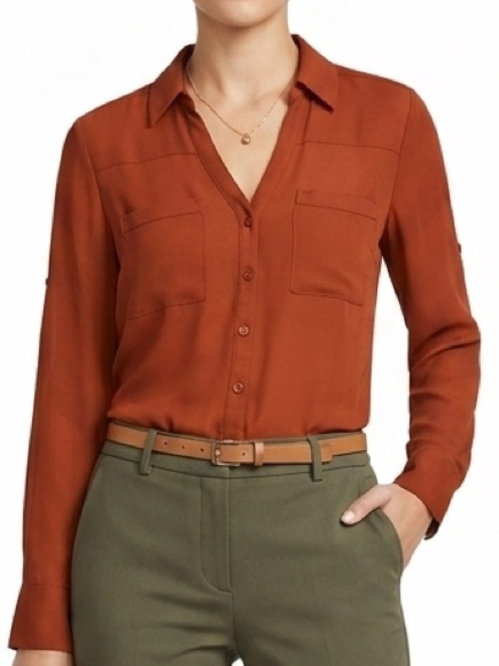 Express Portofino Slim Blouse burnt Orange Rust Button-Front Top Sz M City Girl